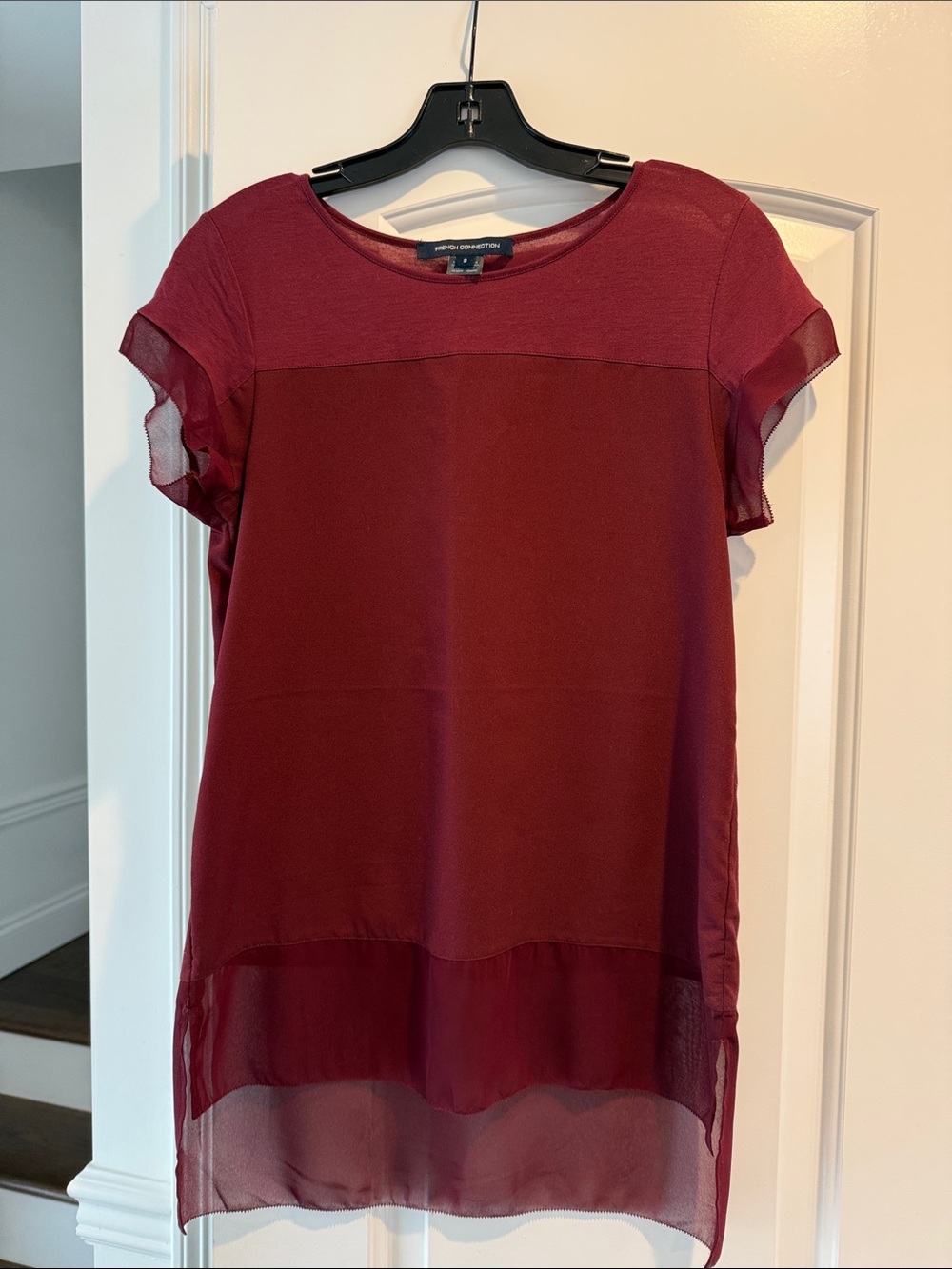 French Connection Burgundy Short-Sleeve Layered Sheer-Hem Blouse